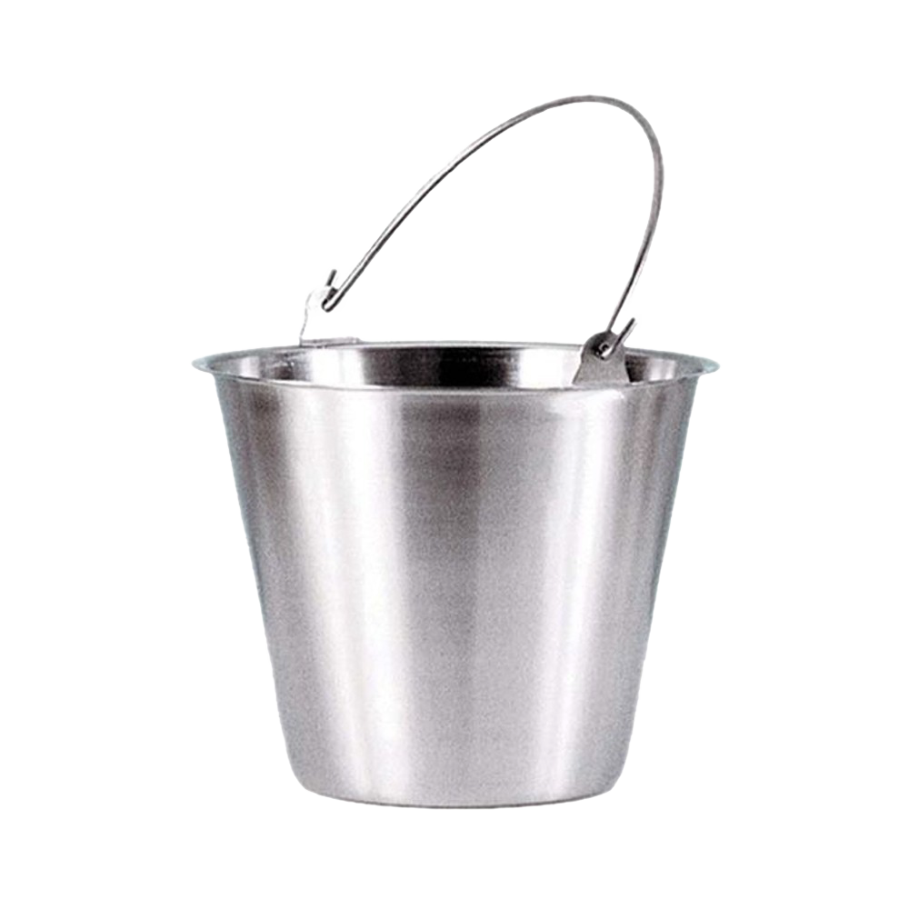 Brushed stainless steel pail with molded bail ears, seamless design preventing leaks and buildup, ideal for Farm, Garden & Tool, Animal Care, Best Sellers, and Promo Eligible collections.