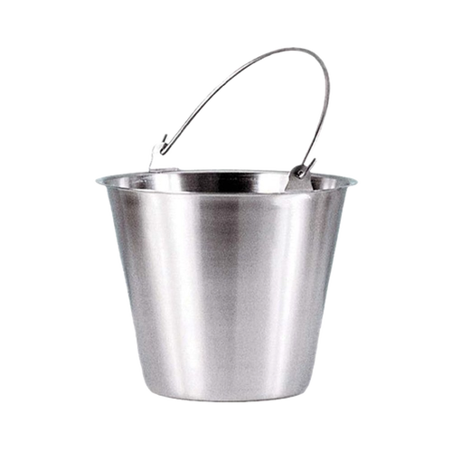 Brushed stainless steel pail with molded bail ears, seamless design preventing leaks and buildup, ideal for Farm, Garden & Tool, Animal Care, Best Sellers, and Promo Eligible collections.