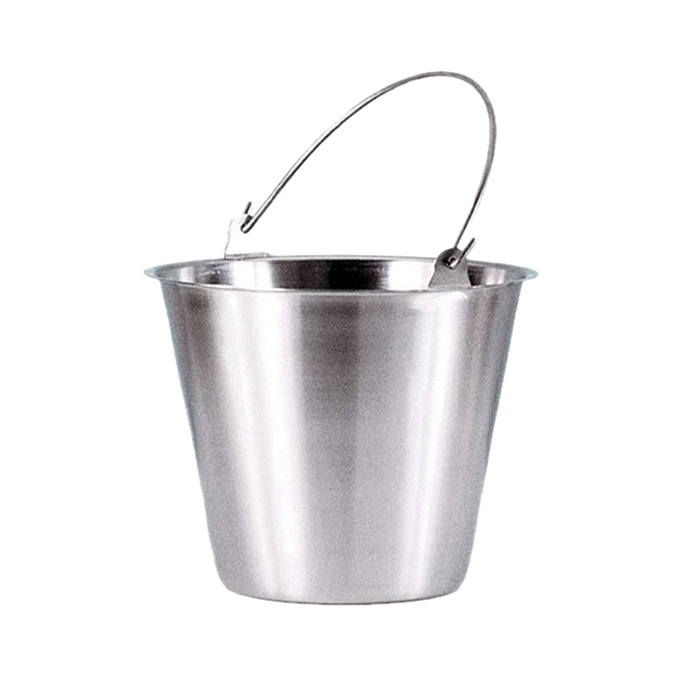 Brushed stainless steel pail with molded bail ears, seamless design preventing leaks and buildup, ideal for Farm, Garden & Tool, Animal Care, Best Sellers, and Promo Eligible collections.