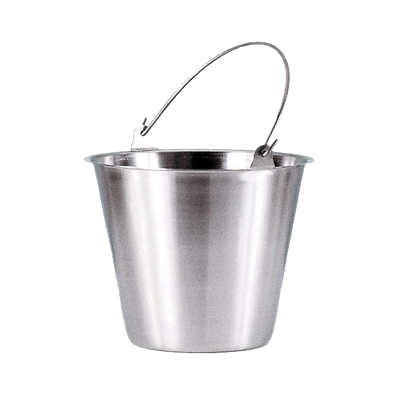 Brushed stainless steel pail with molded bail ears, seamless design preventing leaks and buildup, ideal for Farm, Garden & Tool, Animal Care, Best Sellers, and Promo Eligible collections.