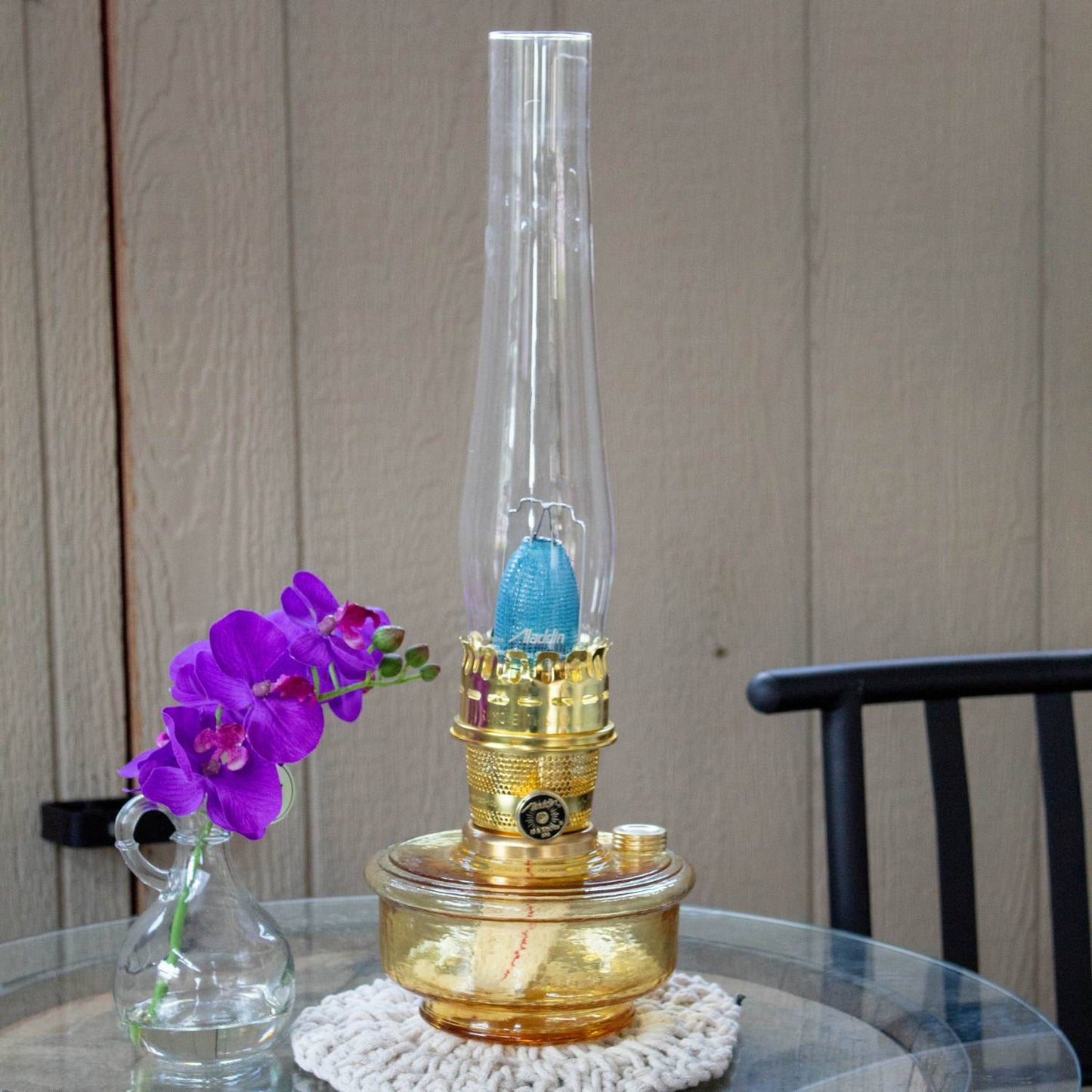 Handcrafted amber glass oil lamp with clear tall chimney and brass burner, designed for Farm, Garden & Tool, Lamps & Lighting, Emergency Supplies, Oil Lamps, Wall Lamps, and Best Sellers collections.