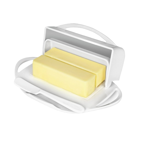 White flip-top butter dish featuring two rectangular sticks of butter and a matching spreader resting in a custom cradle, designed for mess-free use in Kitchen & Food and Kitchen Gadgets collections.