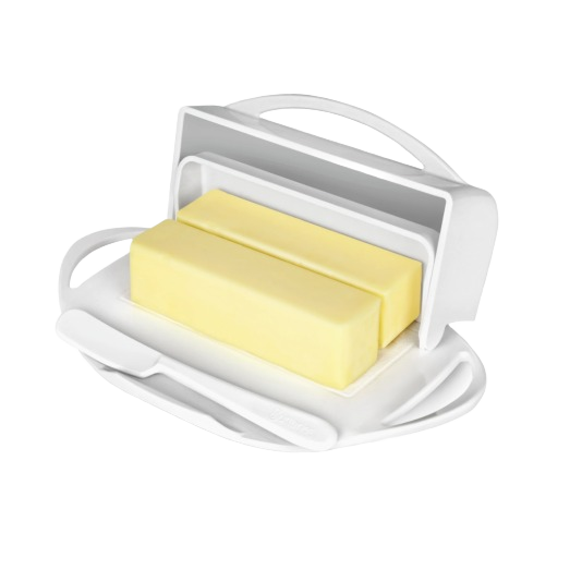 White flip-top butter dish featuring two rectangular sticks of butter and a matching spreader resting in a custom cradle, designed for mess-free use in Kitchen & Food and Kitchen Gadgets collections.
