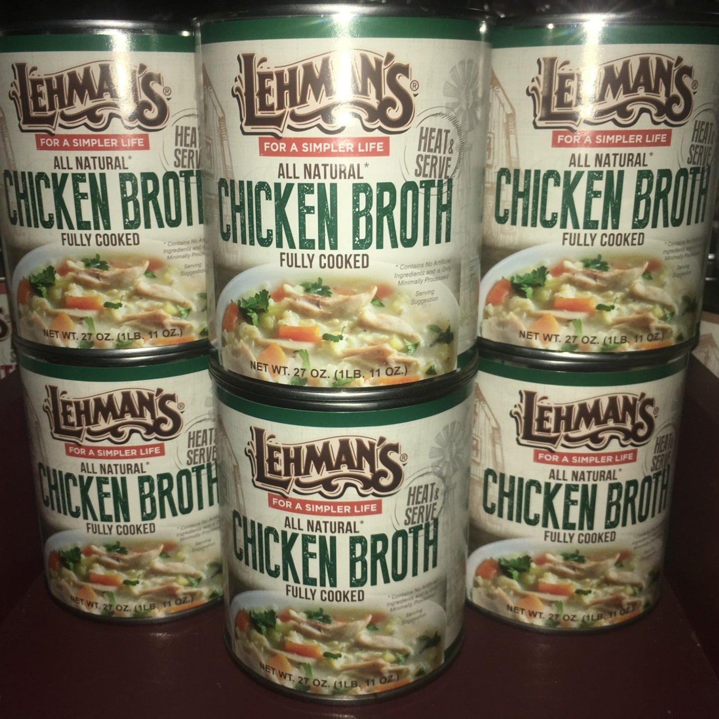 Six cans of Lehman's fully cooked all natural chicken broth stacked together, highlighting handcrafted quality, suited for Farm, Garden & Tool, Kitchen & Food, and Emergency Supplies collections.