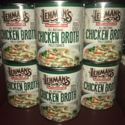 Six cans of Lehman's fully cooked all natural chicken broth stacked together, highlighting handcrafted quality, suited for Farm, Garden & Tool, Kitchen & Food, and Emergency Supplies collections.