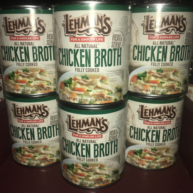 Six cans of Lehman's fully cooked all natural chicken broth stacked together, highlighting handcrafted quality, suited for Farm, Garden & Tool, Kitchen & Food, and Emergency Supplies collections.