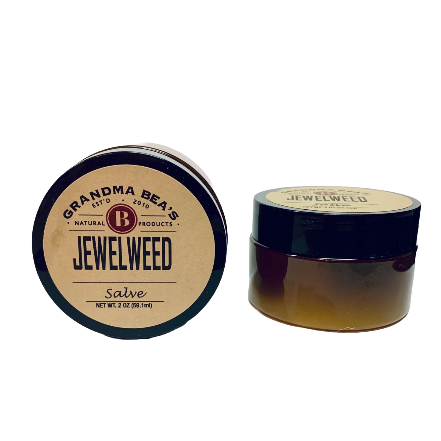 Two small amber glass jars with black lids containing handcrafted jewelweed salve, a natural remedy for itch relief, featured in Health & Wellness and USA Made collections.