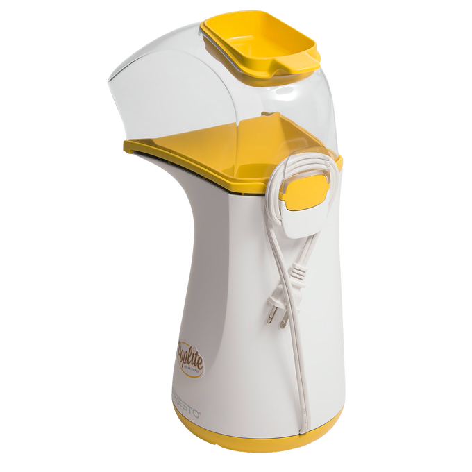 Compact Presto PopLite electric hot air popcorn popper in white and yellow with clear plastic lid and cord wrap, ideal for healthier oil-free popcorn, featured in Kitchen & Food and Best Sellers collections.