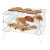 Handcrafted sturdy three-tier stackable and collapsable metal cooling rack holding cookies, croissants, and flatbread, ideal for Kitchen & Food, Baking Supplies, Cookware, and Best Sellers collections.