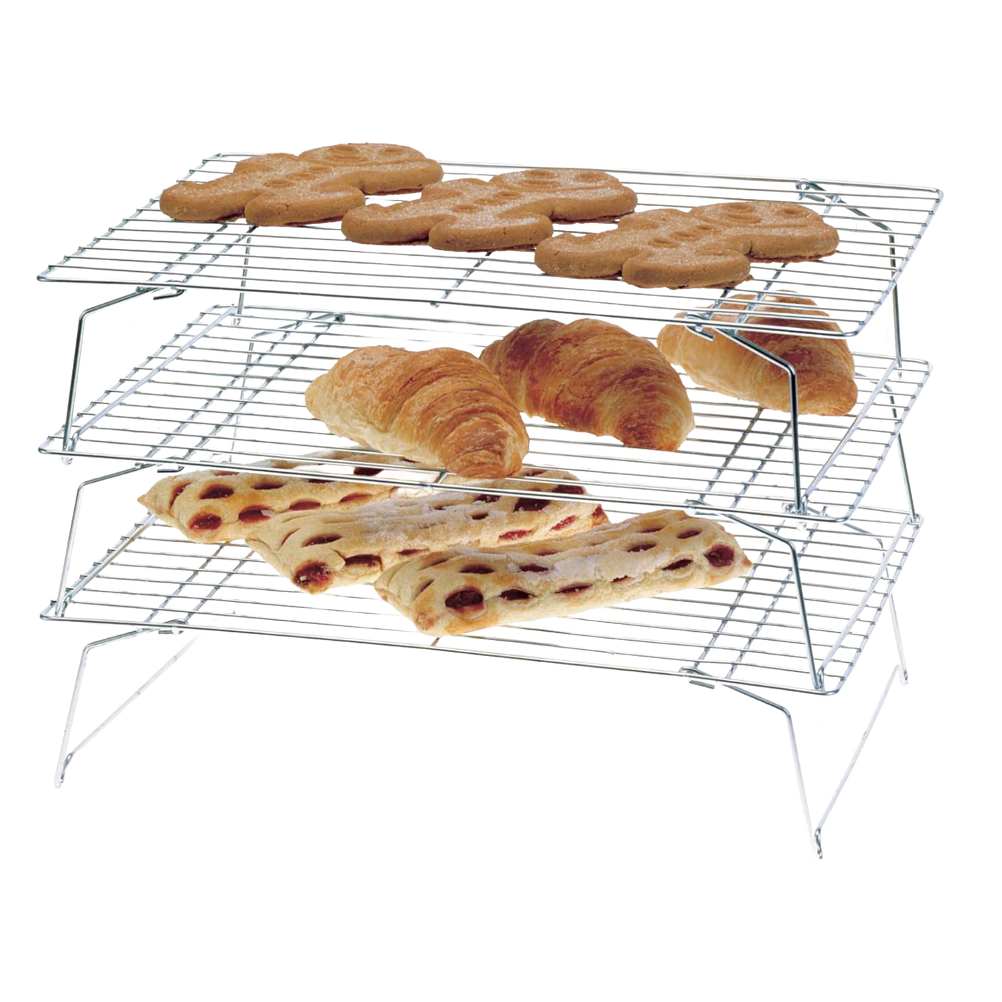 Handcrafted sturdy three-tier stackable and collapsable metal cooling rack holding cookies, croissants, and flatbread, ideal for Kitchen & Food, Baking Supplies, Cookware, and Best Sellers collections.