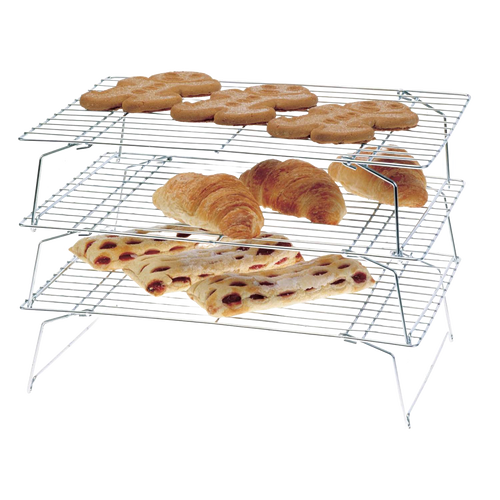 Handcrafted sturdy three-tier stackable and collapsable metal cooling rack holding cookies, croissants, and flatbread, ideal for Kitchen & Food, Baking Supplies, Cookware, and Best Sellers collections.