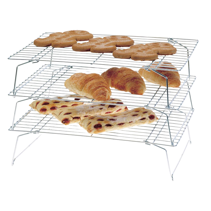 Handcrafted sturdy three-tier stackable and collapsable metal cooling rack holding cookies, croissants, and flatbread, ideal for Kitchen & Food, Baking Supplies, Cookware, and Best Sellers collections.