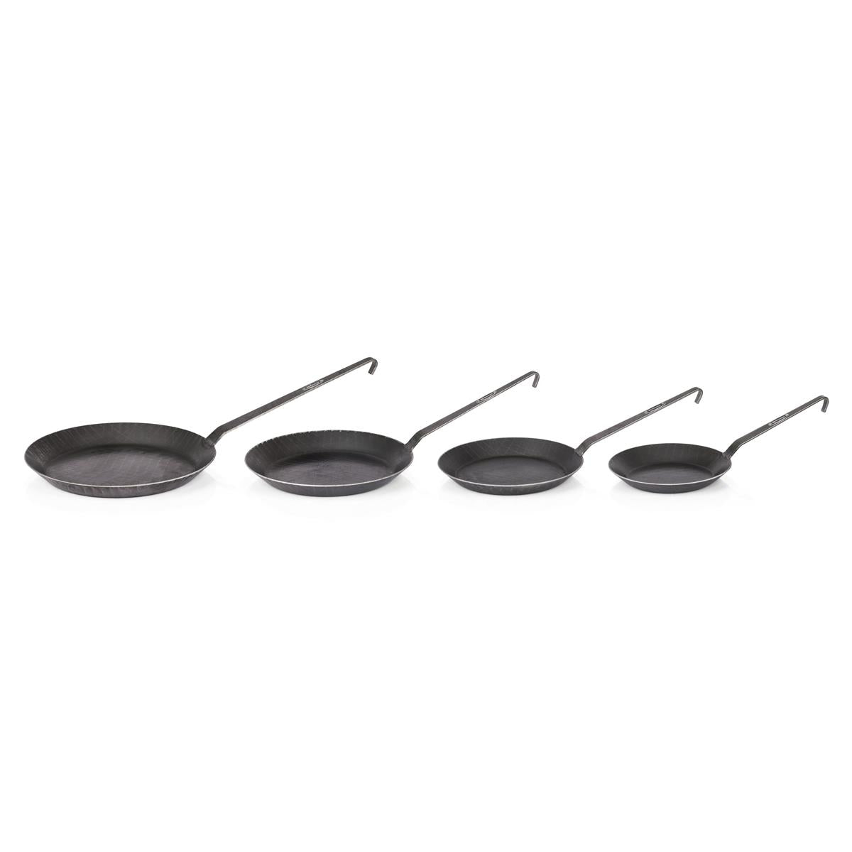 Set of four handcrafted wrought iron pans with long handles, designed for versatile cooking indoors or outdoors, ideal for Farm, Garden & Tool, Kitchen & Food, Camping, Cookware, Pots and Pans, Best Sellers, and Promo Eligible collections.
