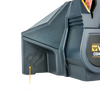 Close-up of compact powered knife sharpener corner featuring durable black plastic housing and part of flexible abrasive belt system for fast sharpening, ideal for farm, kitchen, and tool use.