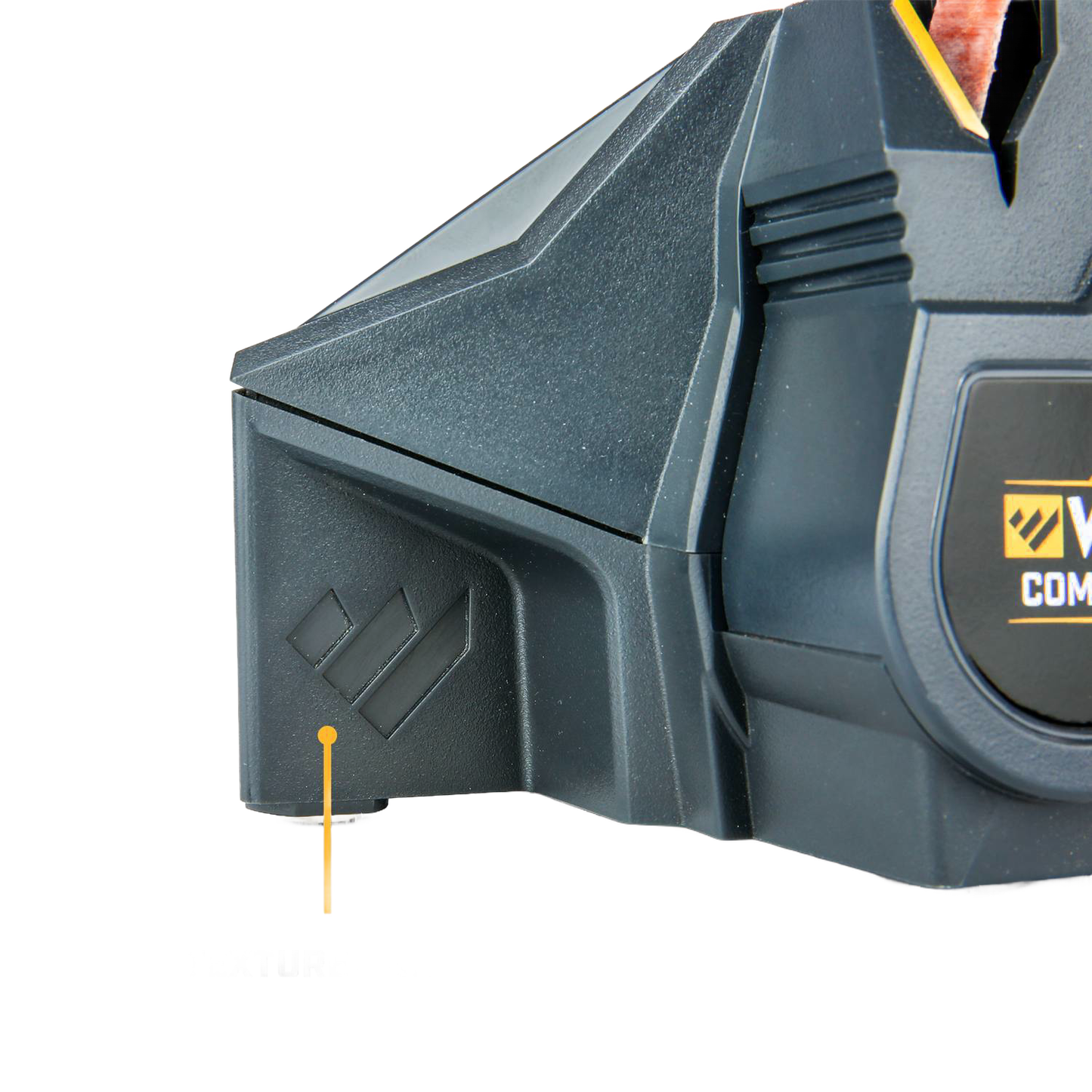 Close-up of compact powered knife sharpener corner featuring durable black plastic housing and part of flexible abrasive belt system for fast sharpening, ideal for farm, kitchen, and tool use.