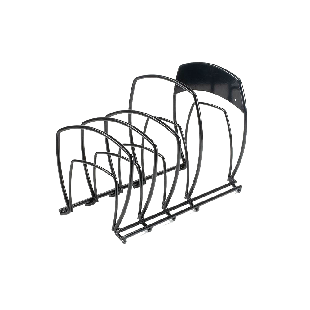 Black steel cookware organizer with five tiered slots designed to neatly store pots and pans upright, ideal for kitchen organization in Kitchen & Food and Storage collections.