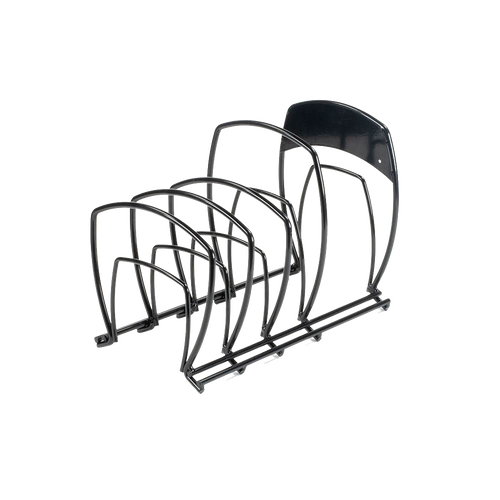Black steel cookware organizer with five tiered slots designed to neatly store pots and pans upright, ideal for kitchen organization in Kitchen & Food and Storage collections.