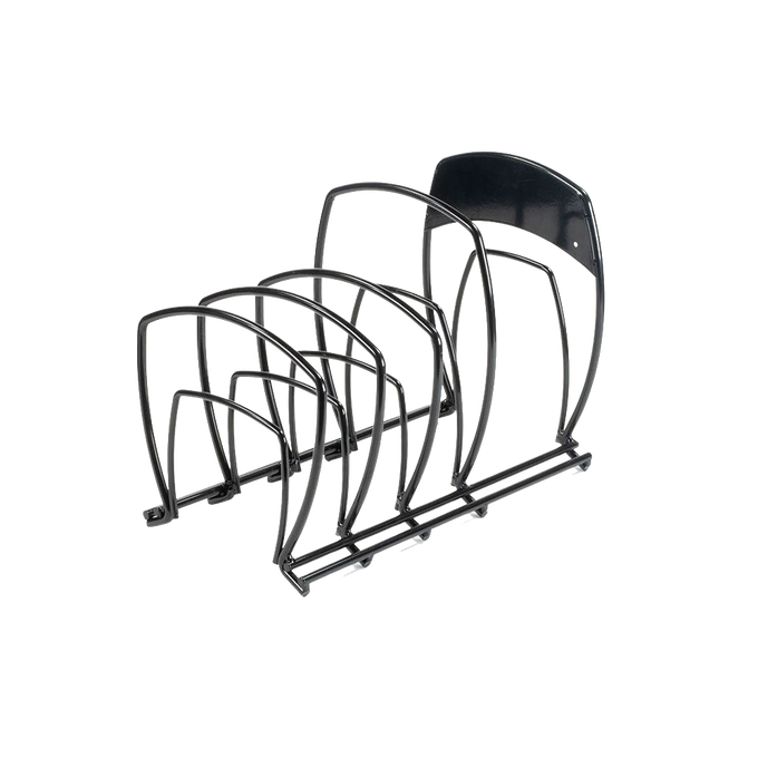 Black steel cookware organizer with five tiered slots designed to neatly store pots and pans upright, ideal for kitchen organization in Kitchen & Food and Storage collections.