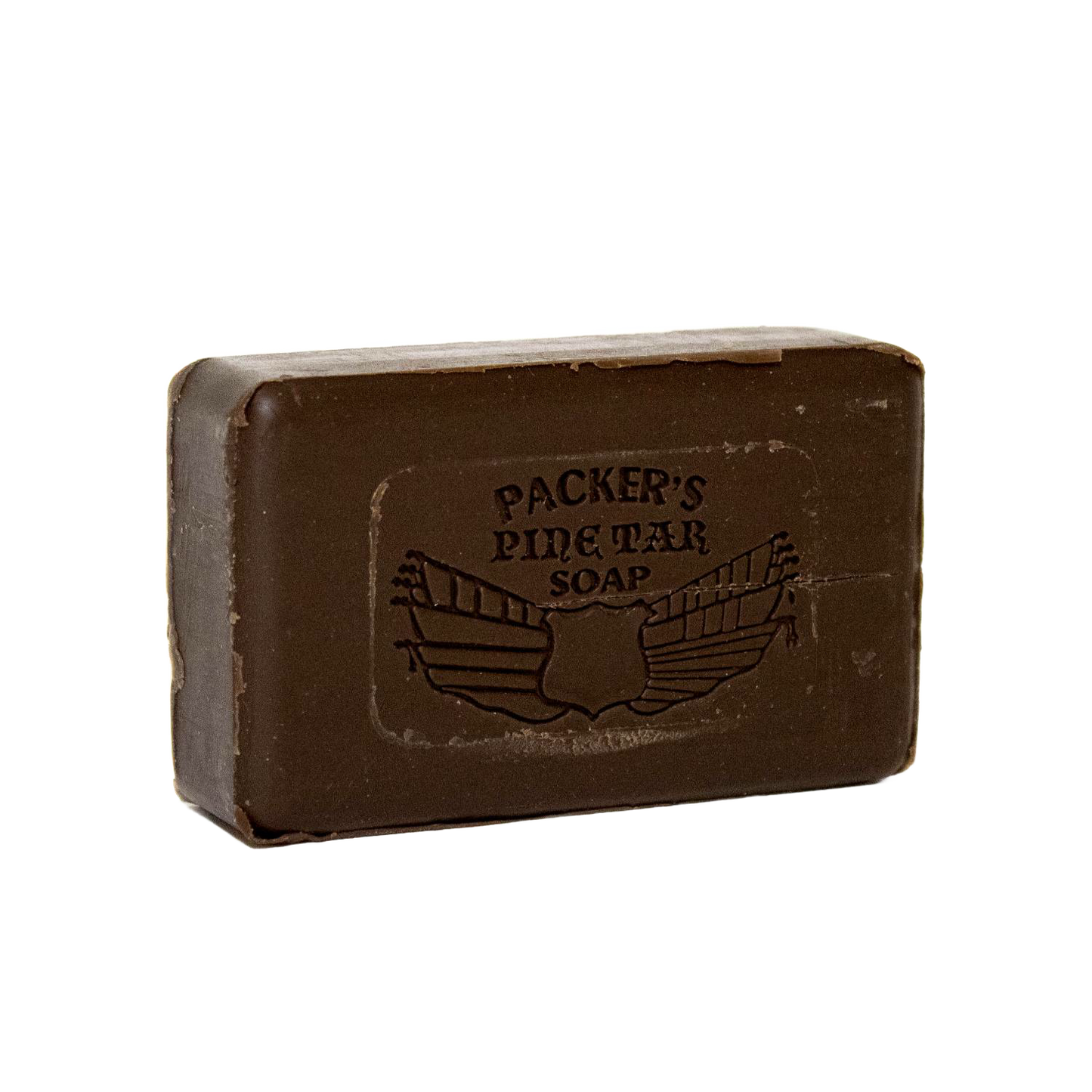 Single dark brown pine tar soap bar with embossed logo, crafted in the USA, featured in Health & Wellness, Grooming, Soaps, and USA Made collections.