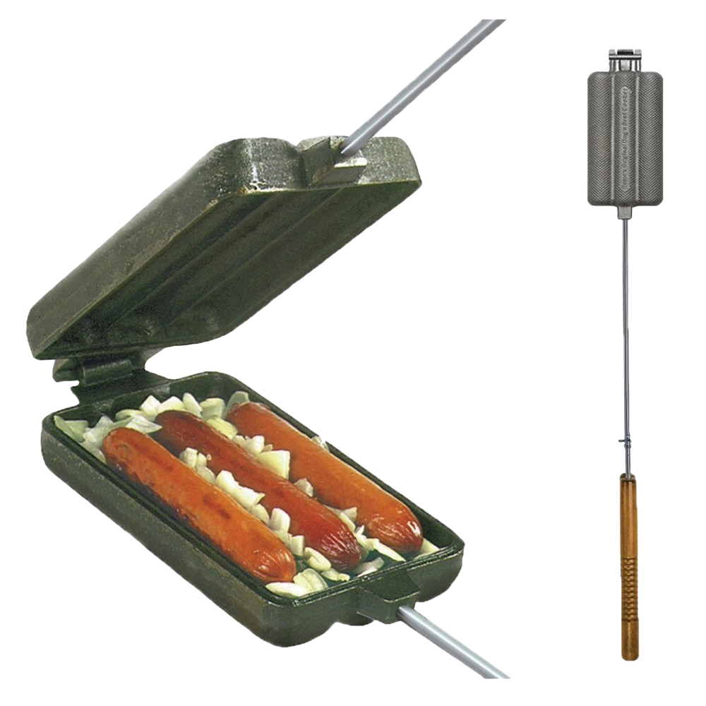 Heavy-duty cast iron cooking iron with three hot dog-shaped compartments containing hot dogs and onions, featuring a metal handle with wood grips, ideal for Farm, Garden & Tool, Camping, and Best Sellers collections.
