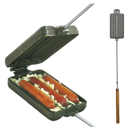 Heavy-duty cast iron cooking iron with three hot dog-shaped compartments containing hot dogs and onions, featuring a metal handle with wood grips, ideal for Farm, Garden & Tool, Camping, and Best Sellers collections.