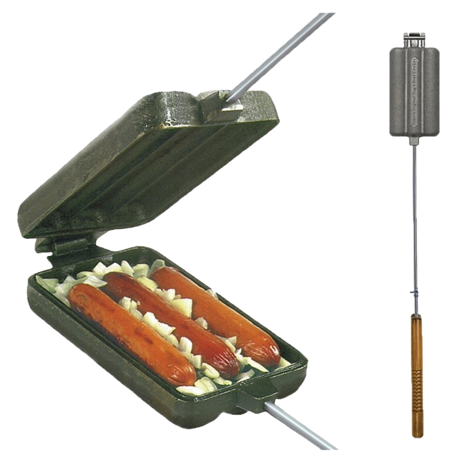 Heavy-duty cast iron cooking iron with three hot dog-shaped compartments containing hot dogs and onions, featuring a metal handle with wood grips, ideal for Farm, Garden & Tool, Camping, and Best Sellers collections.