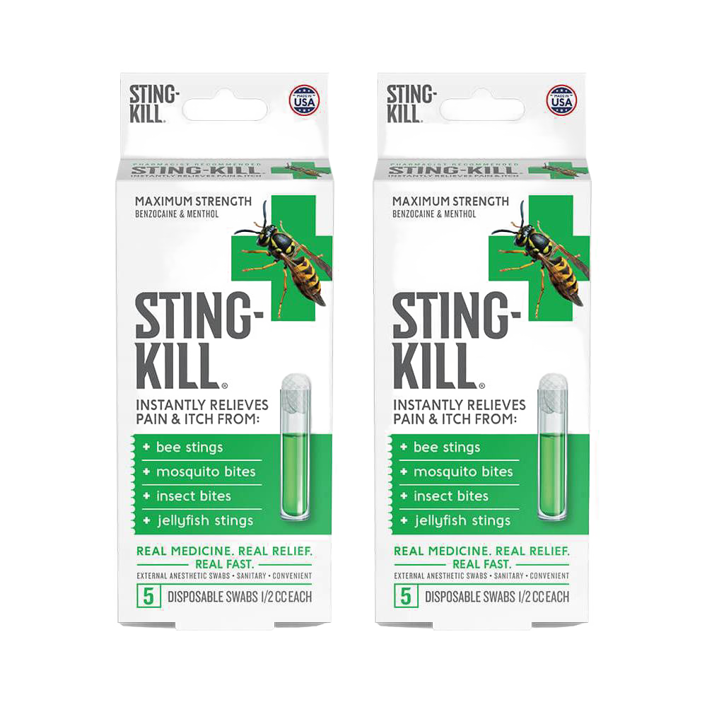 Two packs of Sting Kill disposable swabs with benzocaine and menthol, providing fast relief from bee stings, mosquito bites, insect bites, and jellyfish stings, made in USA and featured in Health & Wellness and Camping collections.