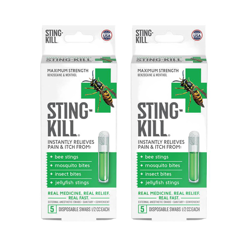 Two packs of Sting Kill disposable swabs with benzocaine and menthol, providing fast relief from bee stings, mosquito bites, insect bites, and jellyfish stings, made in USA and featured in Health & Wellness and Camping collections.