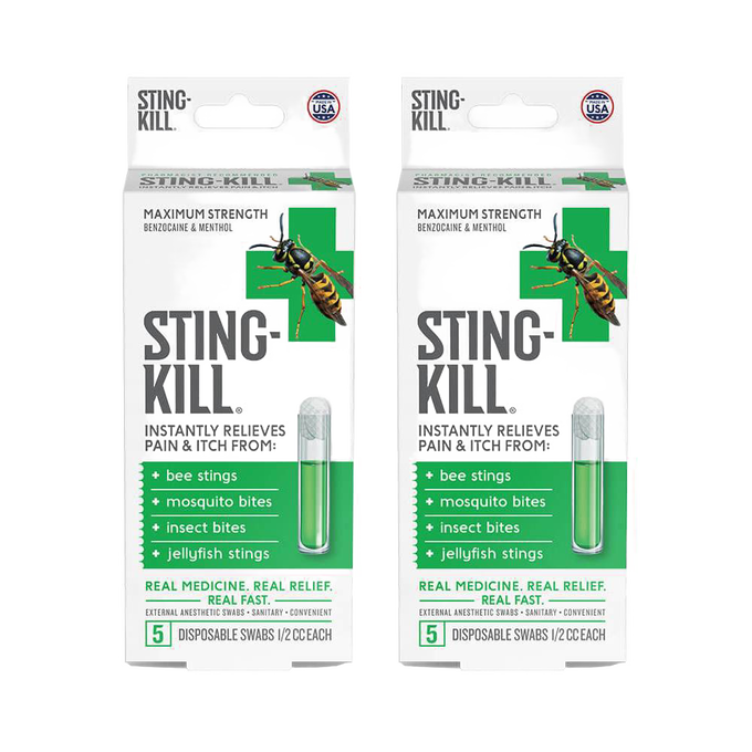 Two packs of Sting Kill disposable swabs with benzocaine and menthol, providing fast relief from bee stings, mosquito bites, insect bites, and jellyfish stings, made in USA and featured in Health & Wellness and Camping collections.