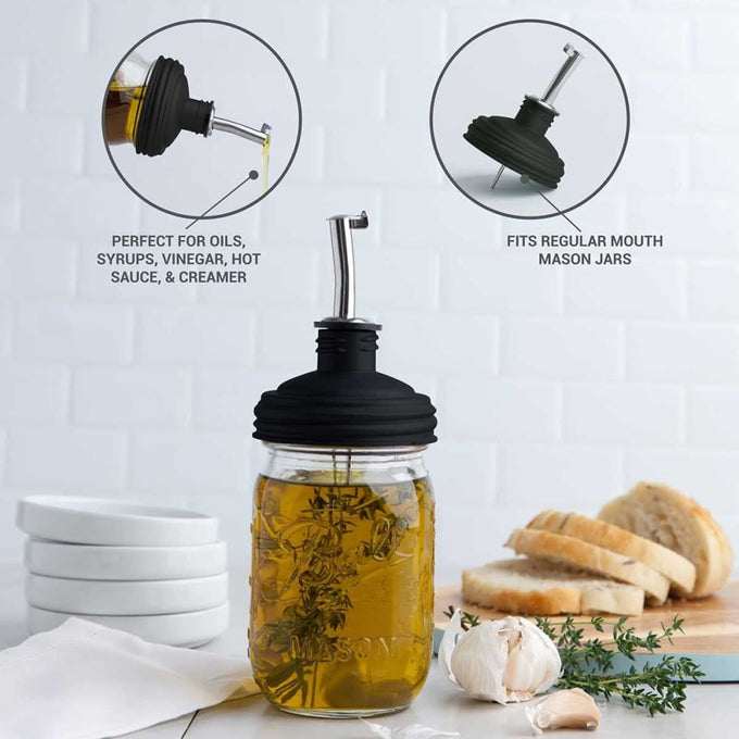 Reusable pour spout lid with tap, designed to convert regular-mouth mason jars into easy-to-refill dispensers for oils and sauces, part of Kitchen Gadgets, USA Made, and Best Sellers collections.