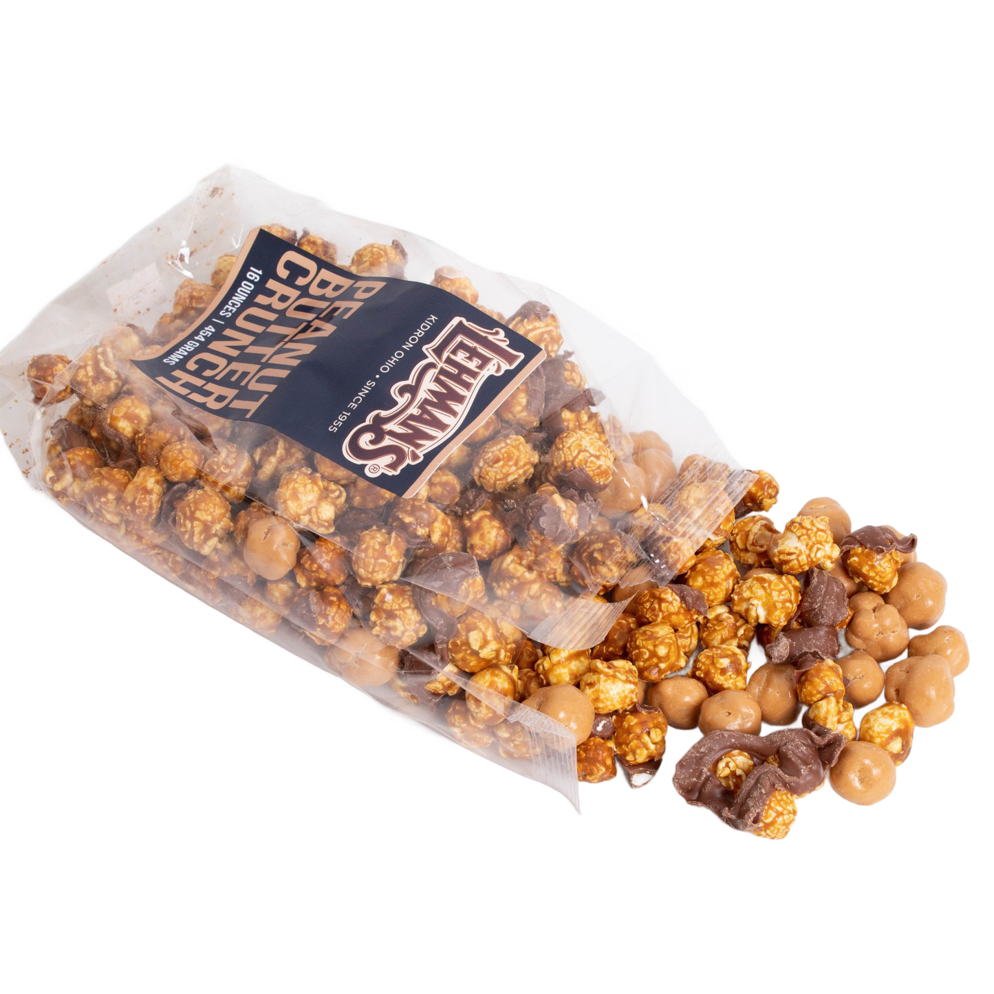 Clear bag of handcrafted caramel popcorn crunch mixed with chocolate-coated peanut butter clusters, a unique sweet and crunchy snack made in USA, ideal for Kitchen & Food, Snacks and Sweets, Popcorn, USA Made, and Best Sellers collections.