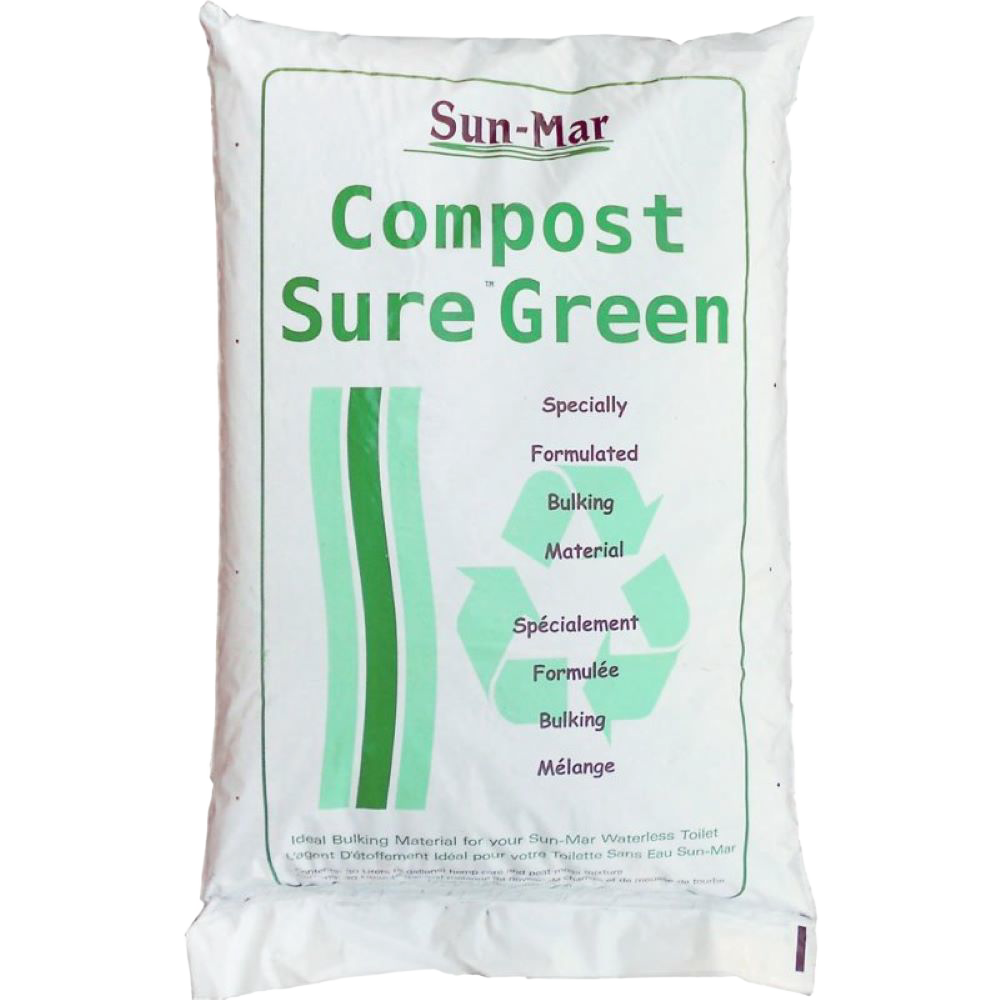 White bag of compost bulking material with green text and recycling graphic, used for maintaining composting toilets, featured in Appliances, Composting Toilets, and Best Sellers collections.