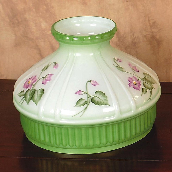 Handcrafted glass oil lamp shade featuring soft green and white tones with delicate violet floral motifs, designed for Lamps & Lighting, Parts and Accessories, Lamp Shades, and Best Sellers collections.