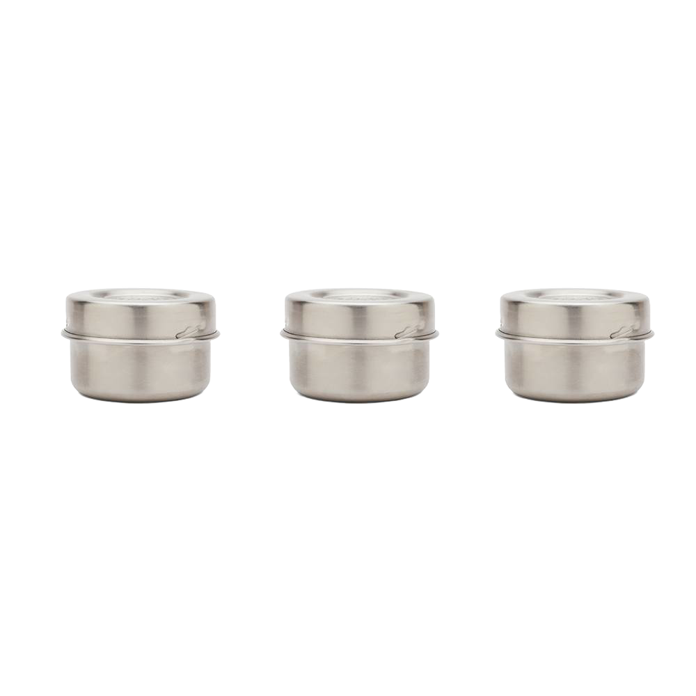Set of three airtight stainless steel condiment containers with silicone gaskets and secure lids, designed for reusable kitchen storage and food serving needs.