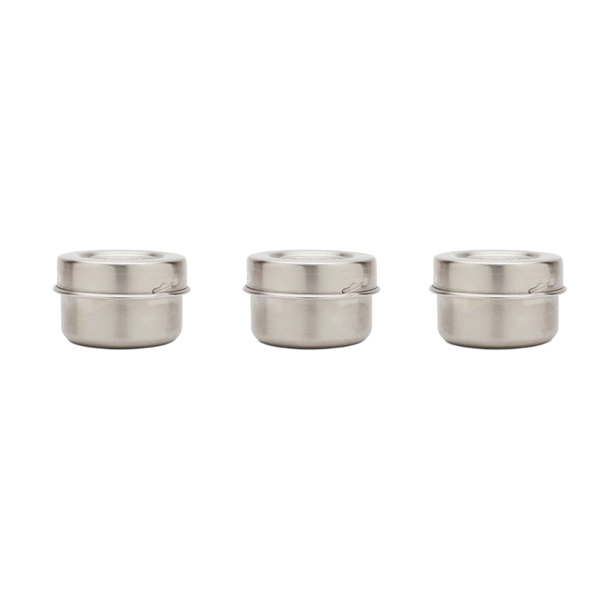 Set of three airtight stainless steel condiment containers with silicone gaskets and secure lids, designed for reusable kitchen storage and food serving needs.
