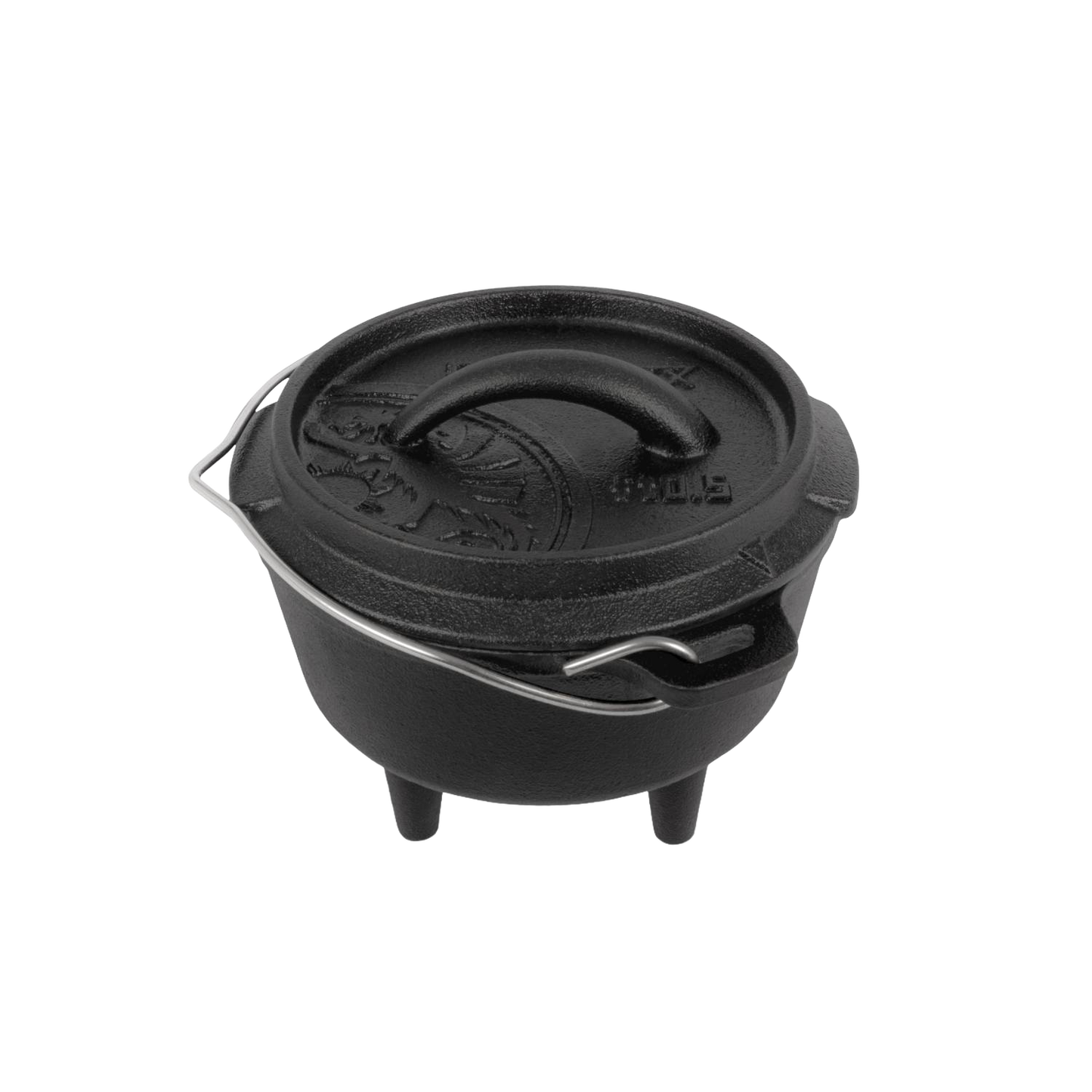 Compact cast iron Dutch oven with three legs and a fitted lid featuring a curved handle, designed for versatile cooking and baking in Kitchen & Food, Cookware, Cast Iron, Best Sellers, and Promo Eligible collections.