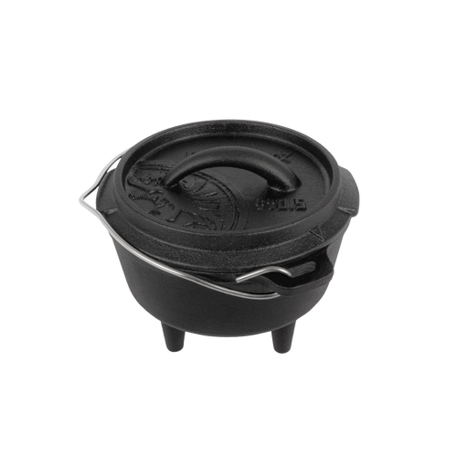 Compact cast iron Dutch oven with three legs and a fitted lid featuring a curved handle, designed for versatile cooking and baking in Kitchen & Food, Cookware, Cast Iron, Best Sellers, and Promo Eligible collections.