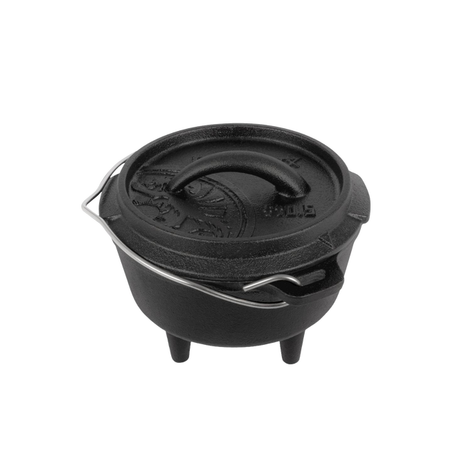 Compact cast iron Dutch oven with three legs and a fitted lid featuring a curved handle, designed for versatile cooking and baking in Kitchen & Food, Cookware, Cast Iron, Best Sellers, and Promo Eligible collections.