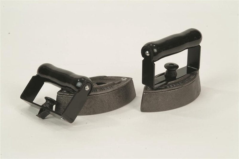 Pair of handcrafted cast iron clothes irons with black wooden handles, made in USA, designed for non-electric ironing, featured in Home & Decor and Laundry Supplies collections.