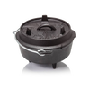 Cast iron Dutch oven with three legs and a fitted lid featuring raised handles and vent holes, ideal for open-air cooking, part of Kitchen & Food, Cookware, and Cast Iron collections.