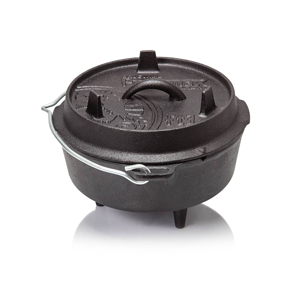 Cast iron Dutch oven with three legs and a fitted lid featuring raised handles and vent holes, ideal for open-air cooking, part of Kitchen & Food, Cookware, and Cast Iron collections.