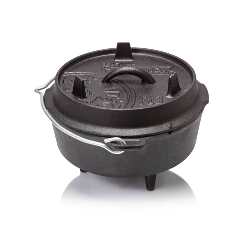 Cast iron Dutch oven with three legs and a fitted lid featuring raised handles and vent holes, ideal for open-air cooking, part of Kitchen & Food, Cookware, and Cast Iron collections.