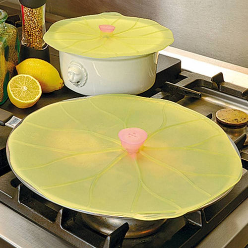 Flexible reusable silicone bowl covers resembling lilypad leaves with pink centers, creating airtight seals on cookware, ideal for Kitchen & Food, Kitchen Gadgets, Storage and Serving, and Best Sellers collections.
