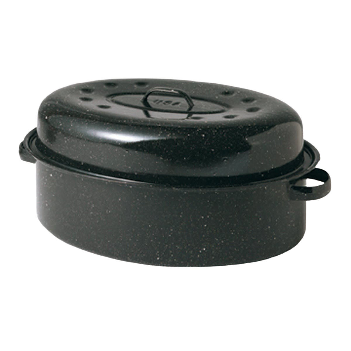 Handcrafted classic graniteware roaster in black enamel-on-steel with self-basting lid dimples, designed for even heating, ideal for Kitchen & Food, Cookware, Pots and Pans, and Best Sellers collections.