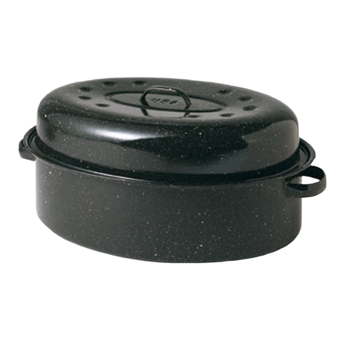 Handcrafted classic graniteware roaster in black enamel-on-steel with self-basting lid dimples, designed for even heating, ideal for Kitchen & Food, Cookware, Pots and Pans, and Best Sellers collections.