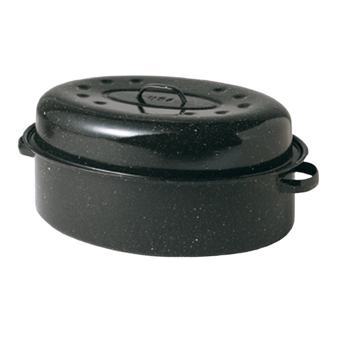 Handcrafted classic graniteware roaster in black enamel-on-steel with self-basting lid dimples, designed for even heating, ideal for Kitchen & Food, Cookware, Pots and Pans, and Best Sellers collections.