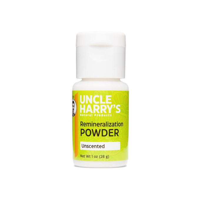 Handcrafted Uncle Harry's remineralization powder in unscented, 1 oz bottle, made in USA, supporting dental health in Health & Wellness, Grooming, USA Made, and Best Sellers collections.