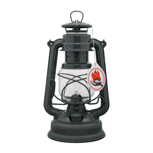 Handcrafted dark galvanized oil lantern with thermal heat-resistant SUPRAX globe, designed to offer durable illumination for camping, emergency supplies, and outdoor settings in lamps & lighting collections.