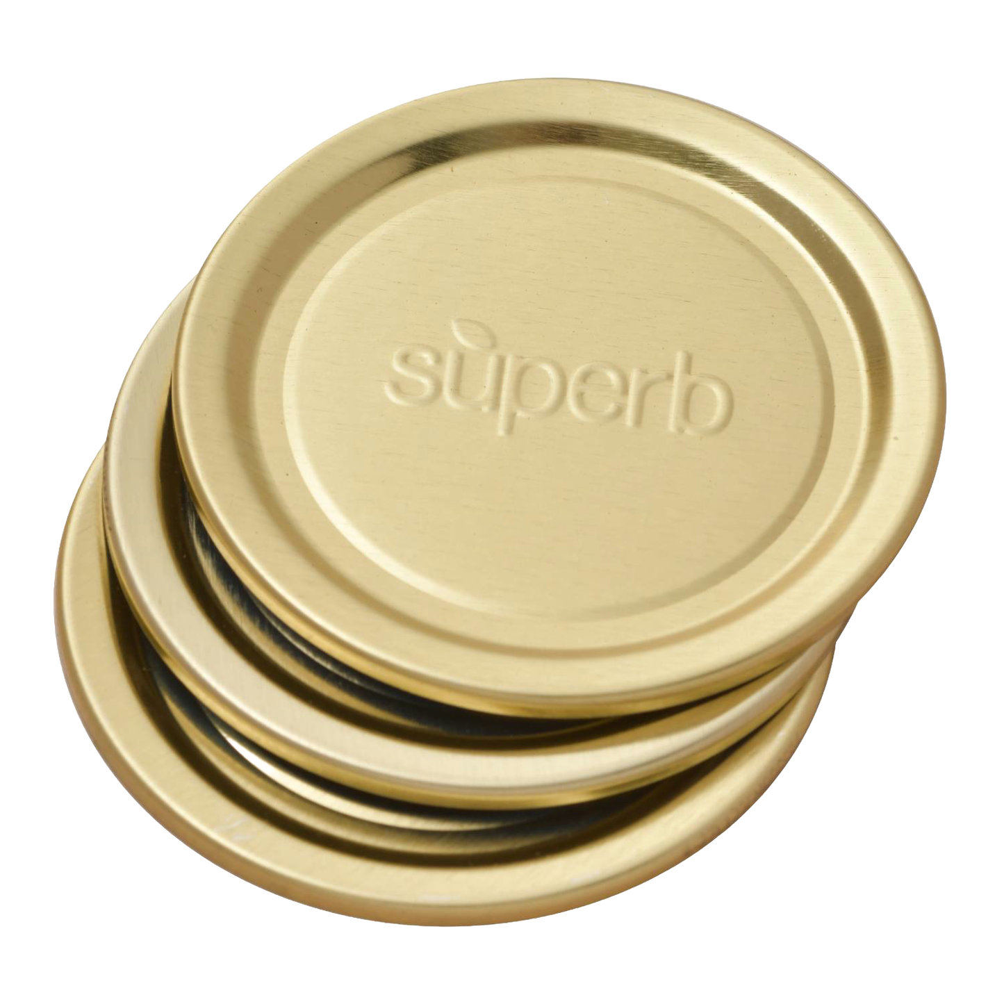 Stack of gold-tone metal regular-mouth canning jar lids embossed with “superb,” featuring BluSeal™ integrity for enhanced sealing, part of USA made kitchen and food preservation collections.