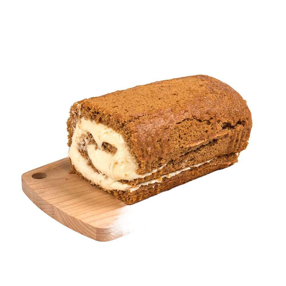 Moist pumpkin cake roll with rich cream cheese filling resting on a wooden board, handcrafted in USA, perfect for Kitchen & Food, Snacks and Sweets, and Best Sellers collections.